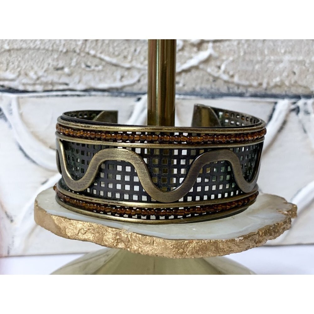Unique Mixed metal and Amber Beaded Cuff - Artisan Mesh Wave Snake Like Design